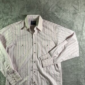 VTG Wrangler Cowboy Cut Western Shirt Striped Pearl Snap Pockets 15 1/2 x 34